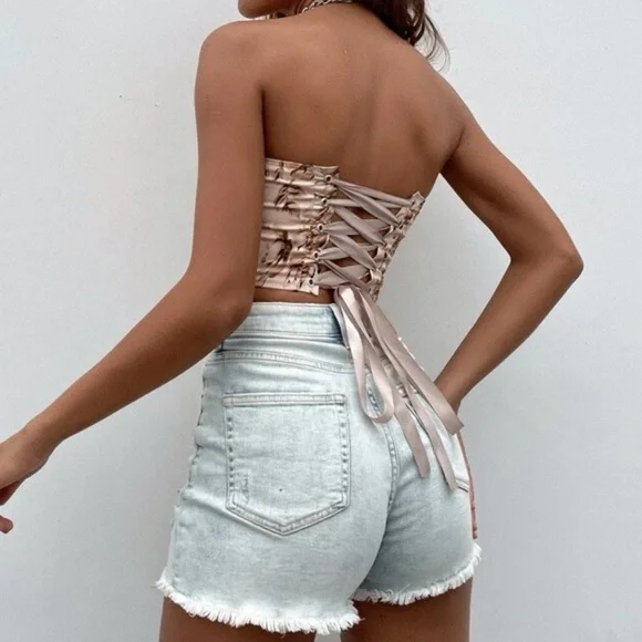 Boho blue floral print lace up back satin bustier corset tube top - Picture 3 of 16